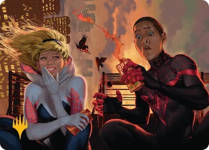Heroes' Hangout Art Card (Gold-Stamped Planeswalker Symbol), Art Series: Marvel's Spider-Man 14