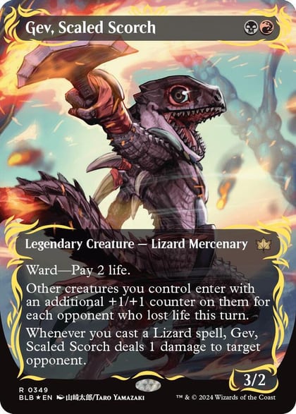 Gev, Scaled Scorch (Borderless) (Raised Foil), Bloomburrow 349