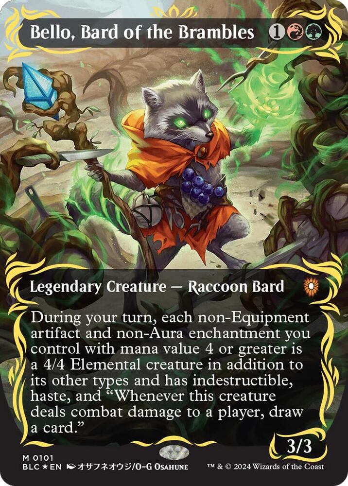 Bello, Bard of the Brambles (Borderless) (Raised Foil), Commander: Bloomburrow 101