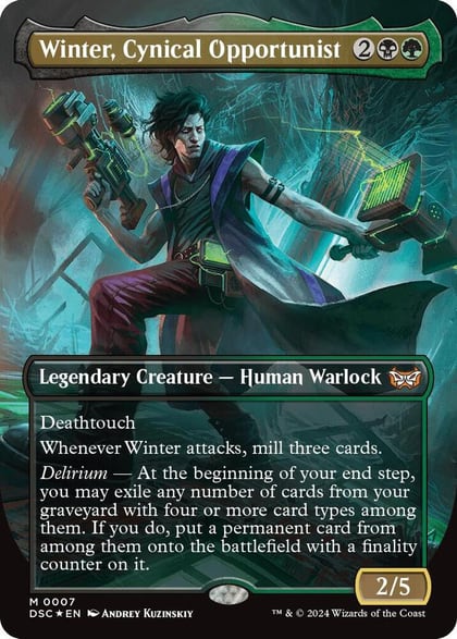 Winter, Cynical Opportunist (Borderless), Commander: Duskmourn: House of Horror 7