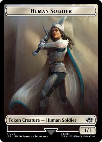 Human Soldier (0001) // Food (0009) Double-Sided Token, Universes Beyond: The Lord of the Rings: Tales of Middle-earth 1 // 9