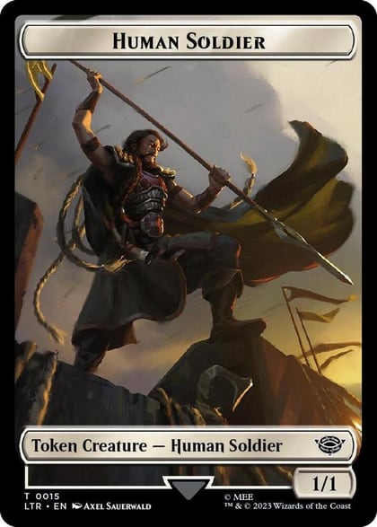 Human Soldier (0015) // Food (0022) Double-Sided Token (Surge Foil), Universes Beyond: The Lord of the Rings: Tales of Middle-earth 15 // 22