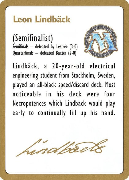 1996 Leon Lindback Biography Card, World Championship Decks #158664
