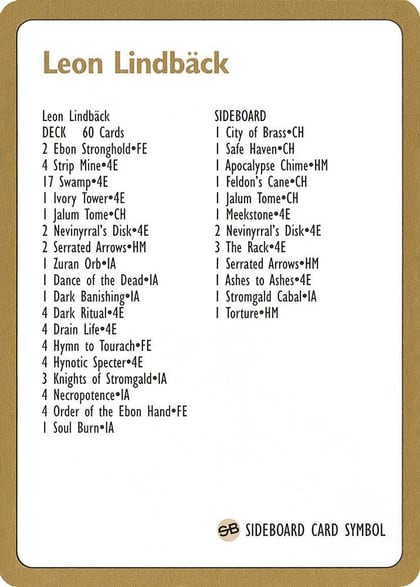 1996 Leon Lindback Decklist Card, World Championship Decks #158665