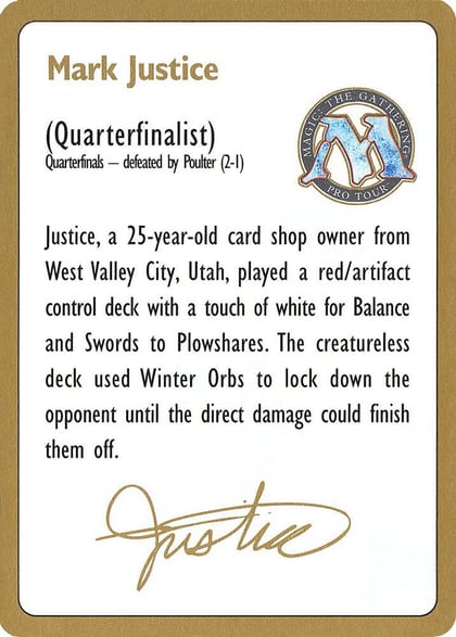 1996 Mark Justice Biography Card, World Championship Decks #159165