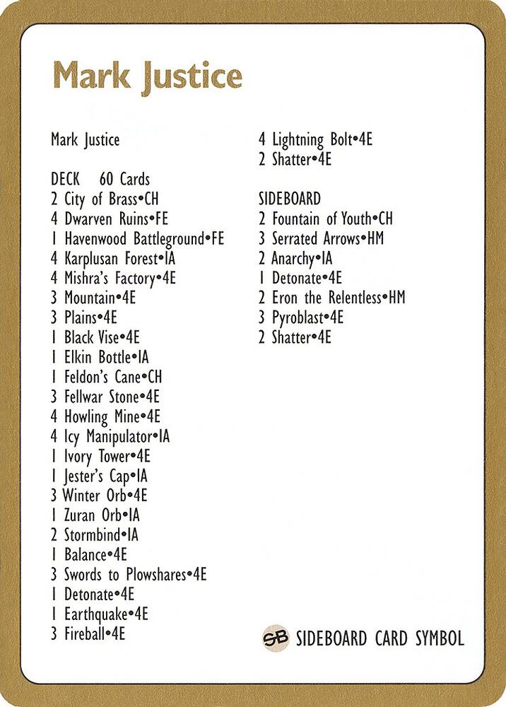 1996 Mark Justice Decklist Card, World Championship Decks P159166