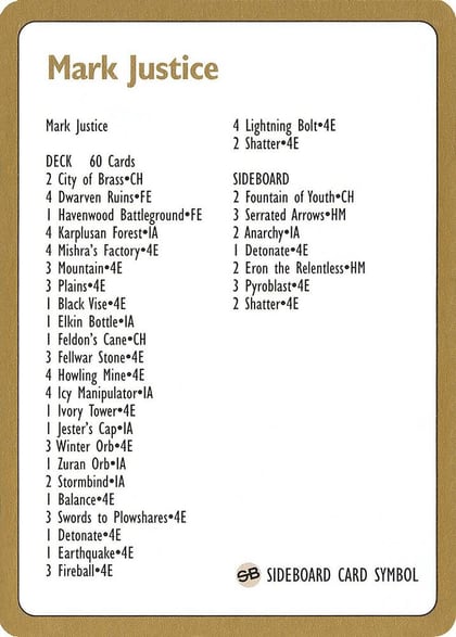 1996 Mark Justice Decklist Card, World Championship Decks P159166