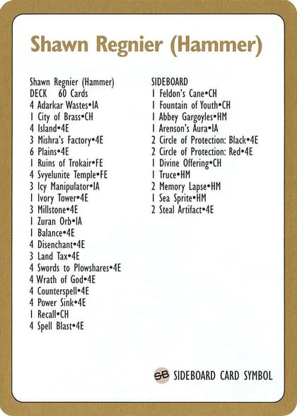 1996 Shawn "Hammer" Regnier Decklist Card, World Championship Decks P160822