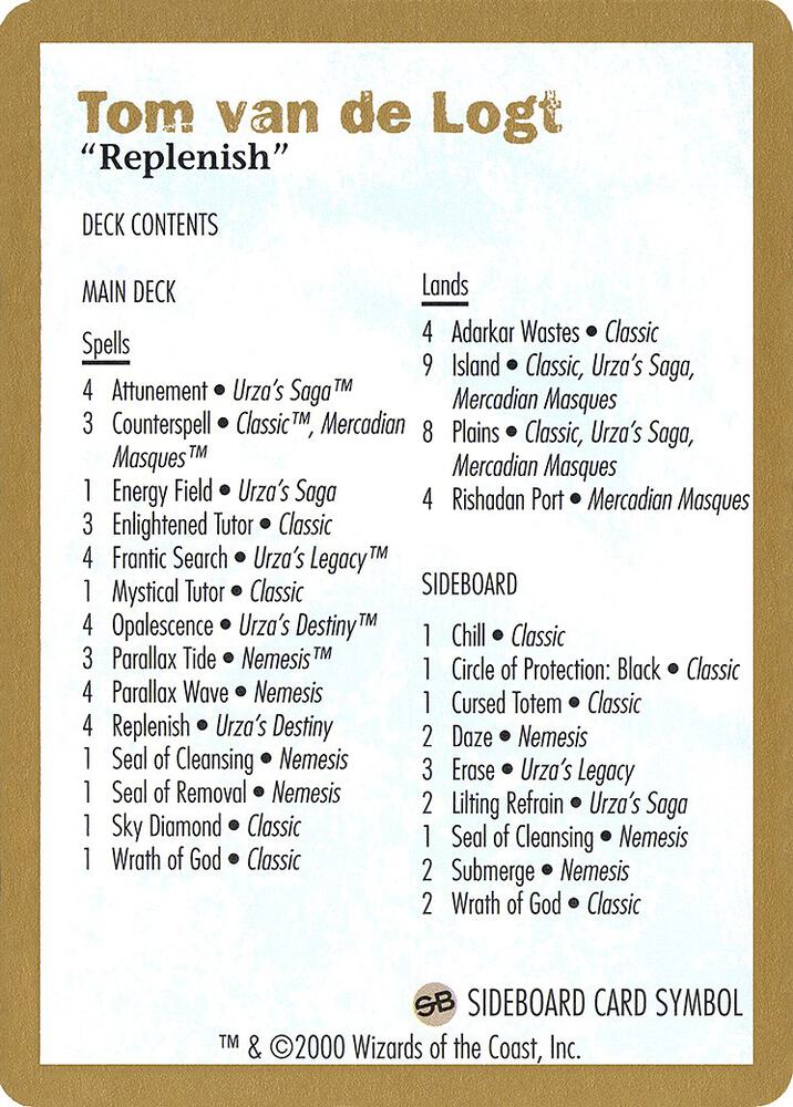 2000 Tom van de Logt Decklist Card, World Championship Decks P164274