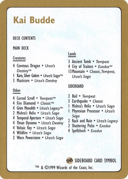 1999 Kai Budde Decklist Card, World Championship Decks P164408