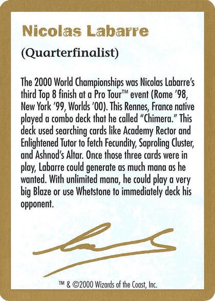 2000 Nicolas Labarre Biography Card, World Championship Decks #164510