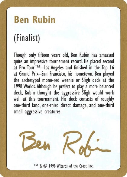 1998 Ben Rubin Biography Card, World Championship Decks #164554