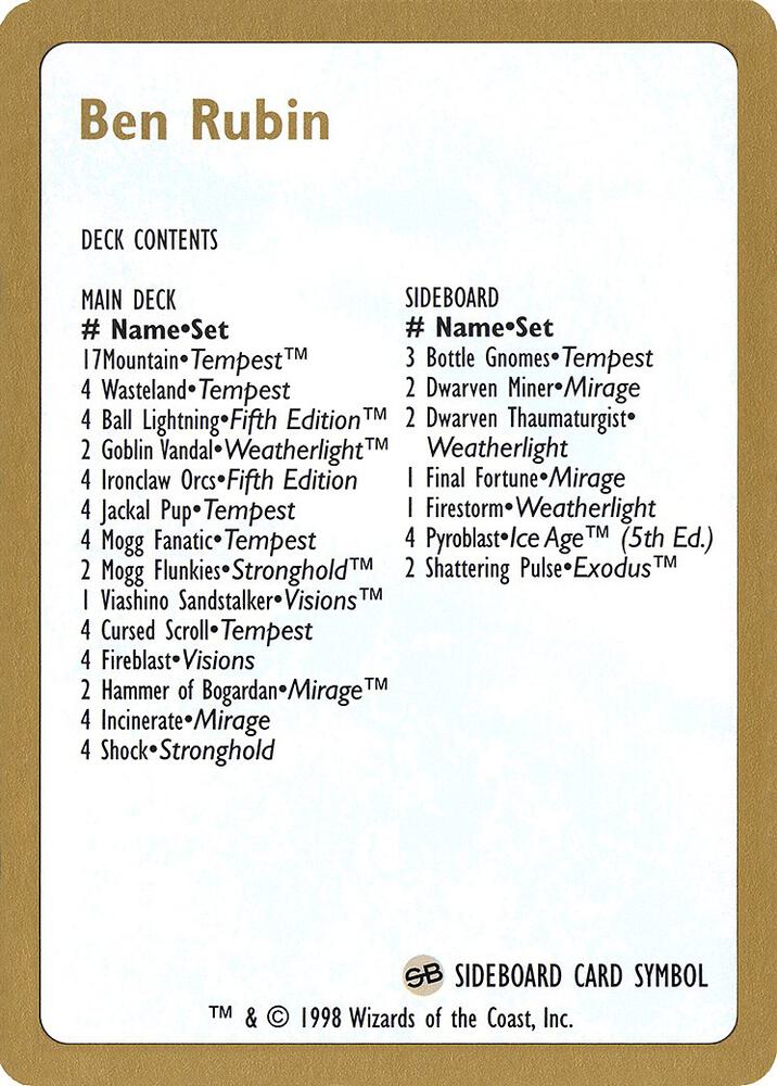 1998 Ben Rubin Decklist Card, World Championship Decks P164555