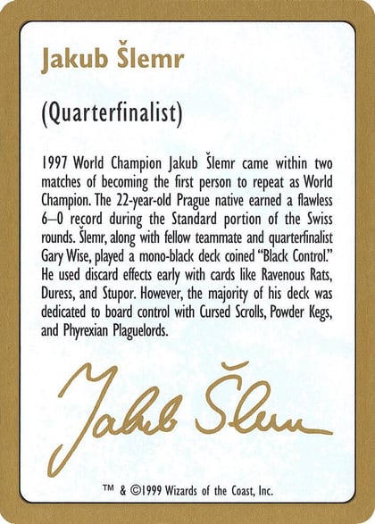 1999 Jakub Slemr Biography Card, World Championship Decks #164929