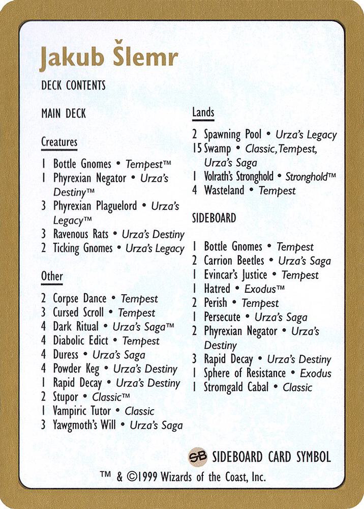1999 Jakub Slemr Decklist Card, World Championship Decks P164930