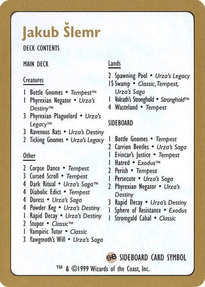 1999 Jakub Slemr Decklist Card, World Championship Decks P164930