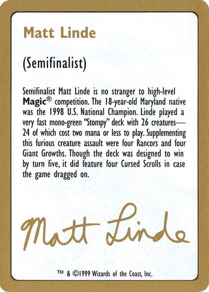 1999 Matt Linde Biography Card, World Championship Decks #164987
