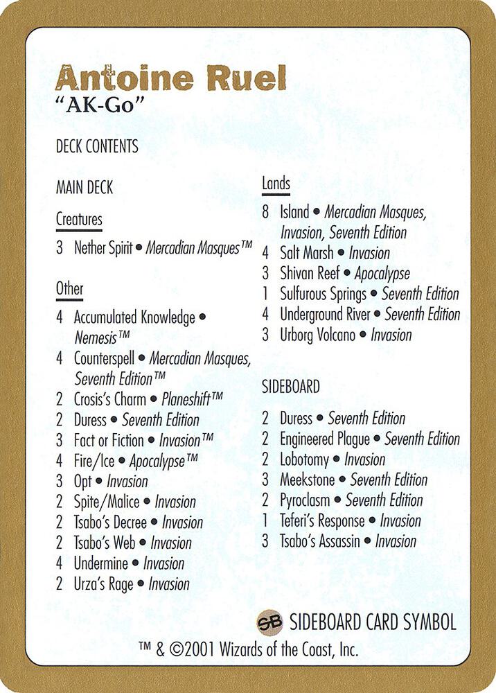 2001 Antoine Ruel Decklist Card, World Championship Decks P165034