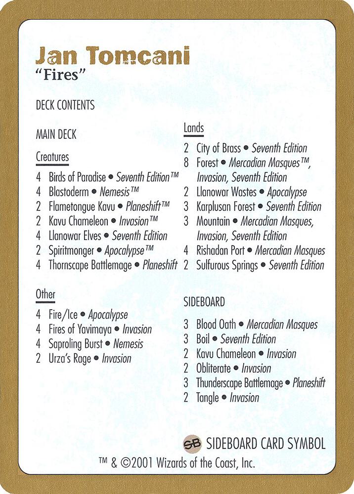 2001 Jan Tomcani Decklist Card, World Championship Decks P165084