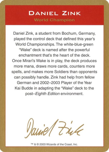 2003 Daniel Zink Biography Card, World Championship Decks #173914