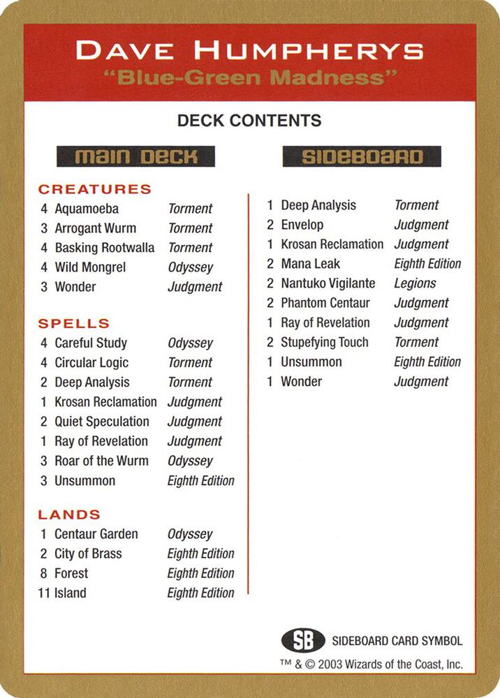 2003 Dave Humpherys Decklist Card, World Championship Decks P174088