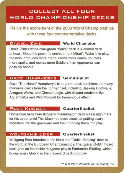 2003 World Championship Advertisement Card, World Championship Decks #174113