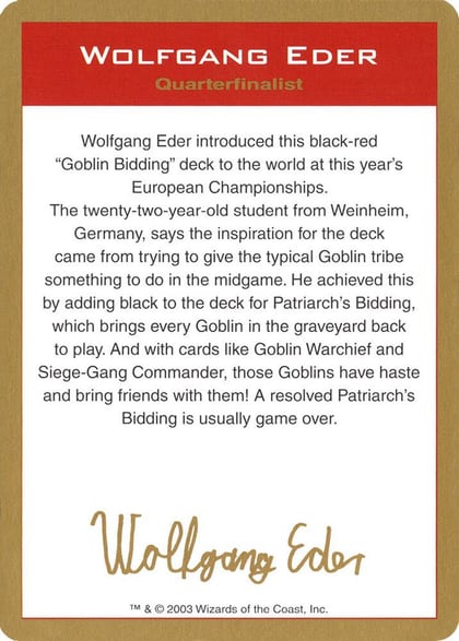 2003 Wolfgang Eder Biography Card, World Championship Decks #174198