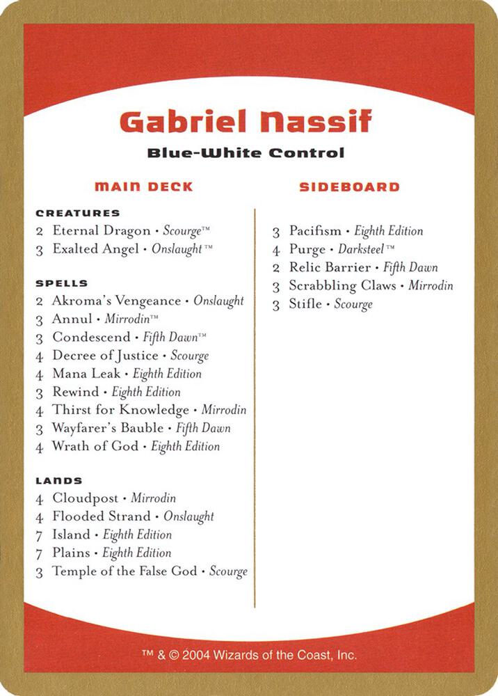 2004 Gabriel Nassif Decklist Card, World Championship Decks P174331