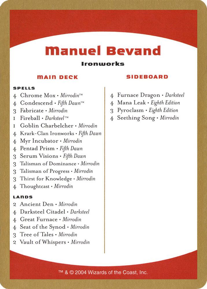 2004 Manuel Bevand Decklist Card, World Championship Decks P174388
