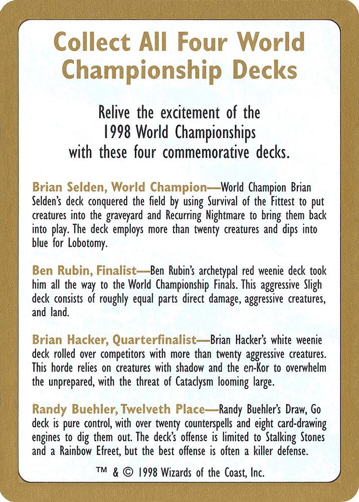 1998 World Championship Advertisement Card, World Championship Decks #189746