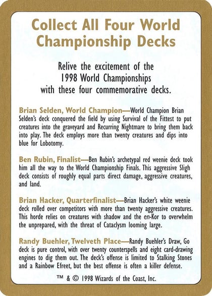1998 World Championship Advertisement Card, World Championship Decks #189746