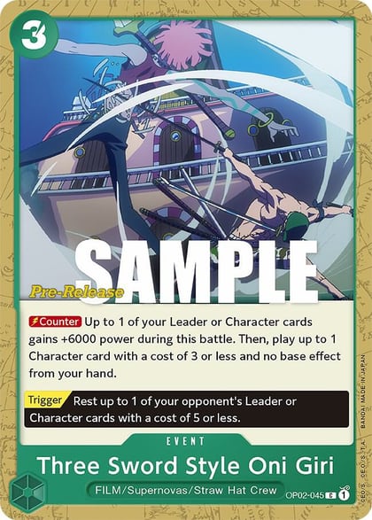 Three Sword Style Oni Giri, Paramount War Pre-Release Cards OP02-045