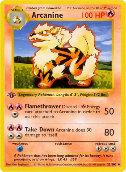Arcanine, Base Set (Shadowless) 023/102