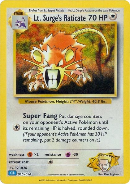 Lt. Surge's Raticate, Trading Card Game Classic 016/034