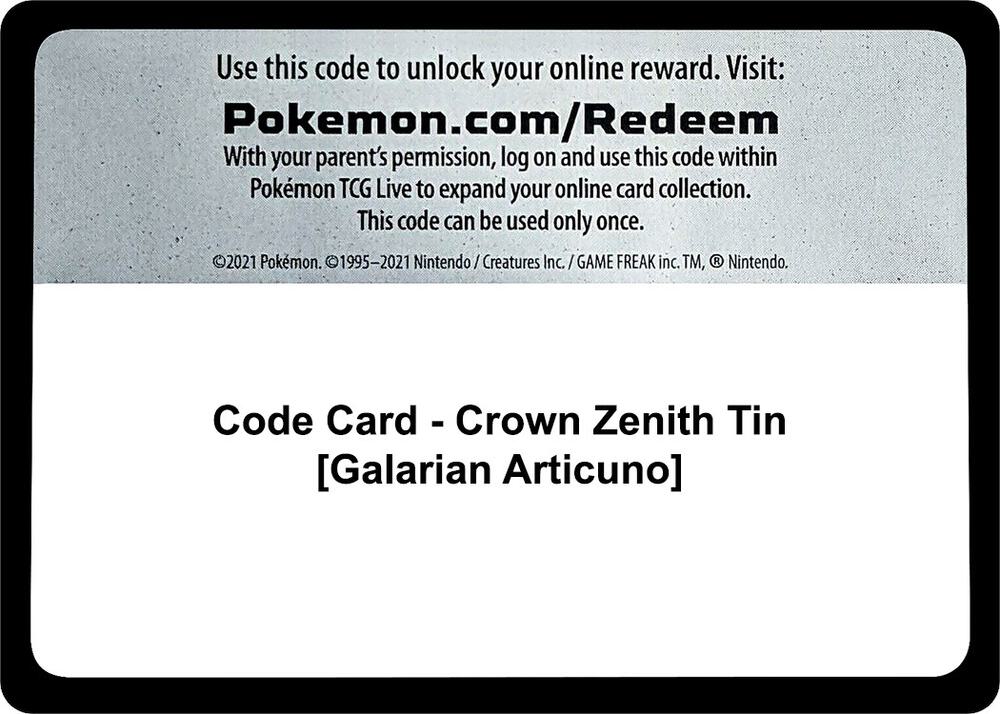 Code Card - Crown Zenith Tin [Galarian Articuno], SWSH: Crown Zenith P475636