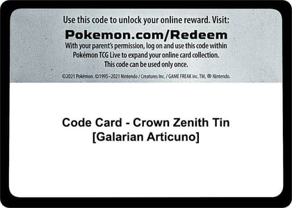 Code Card - Crown Zenith Tin [Galarian Articuno], SWSH: Crown Zenith P475636