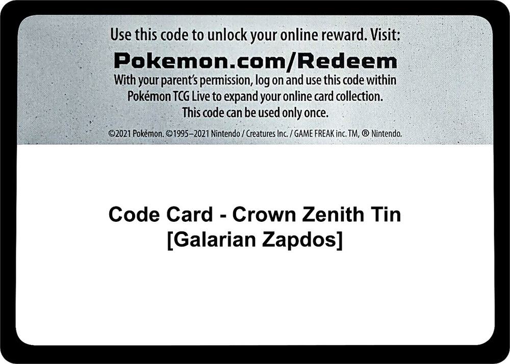 Code Card - Crown Zenith Tin [Galarian Zapdos], SWSH: Crown Zenith P475638
