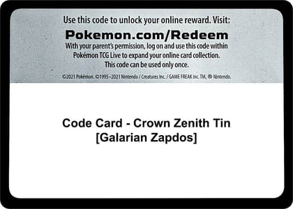 Code Card - Crown Zenith Tin [Galarian Zapdos], SWSH: Crown Zenith P475638