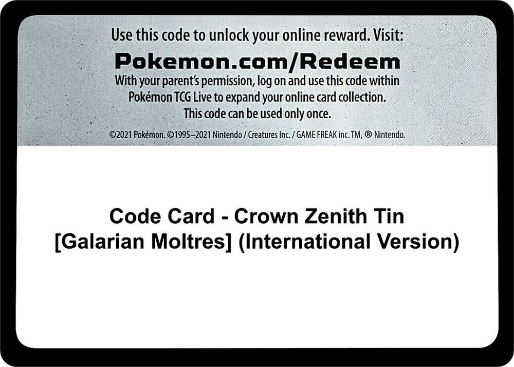 Code Card - Crown Zenith Tin [Galarian Moltres] (International Version), SWSH: Crown Zenith P475640
