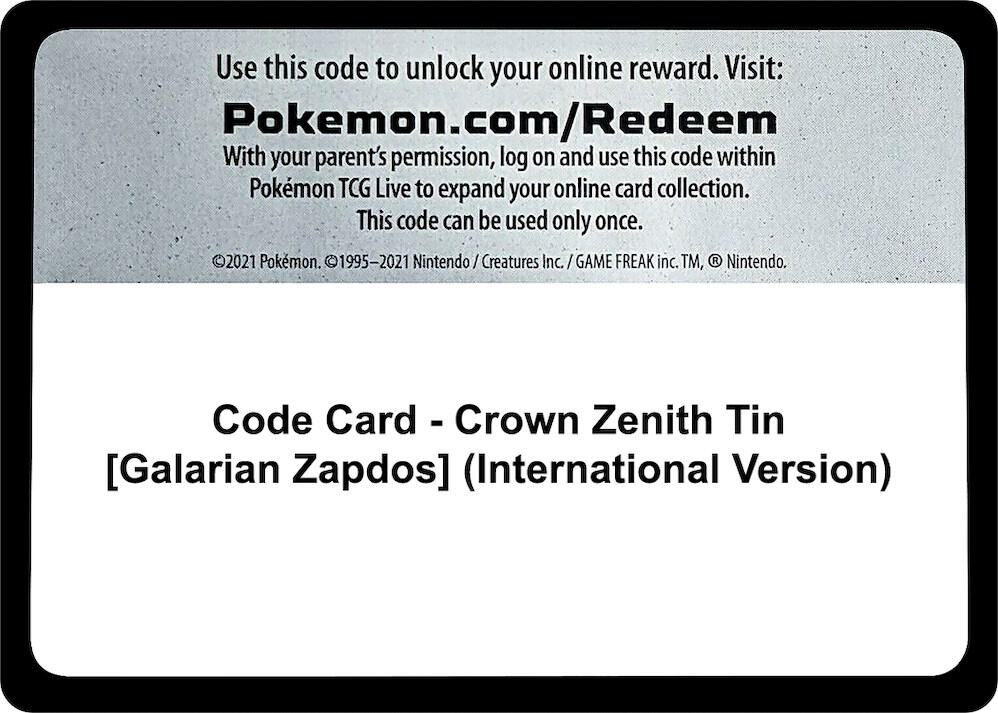 Code Card - Crown Zenith Tin [Galarian Zapdos] (International Version), SWSH: Crown Zenith P475641
