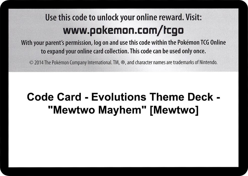 Code Card - Evolutions Theme Deck - "Mewtwo Mayhem" [Mewtwo], XY - Evolutions P280363