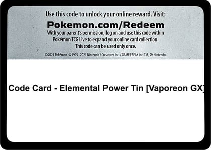 Code Card - Elemental Power Tin [Vaporeon GX], Miscellaneous Cards & Products P267749
