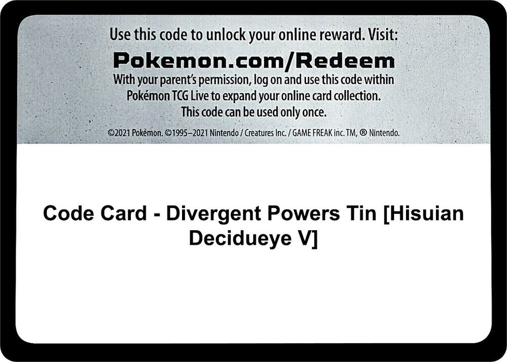 Code Card - Divergent Powers Tin [Hisuian Decidueye V], Miscellaneous Cards & Products P277668