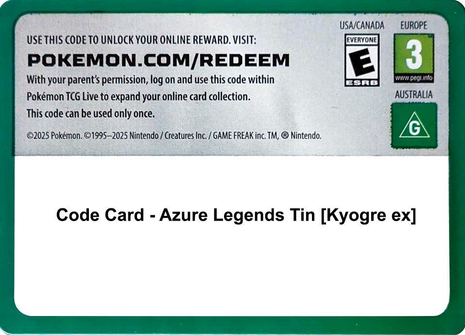 Code Card - Azure Legends Tin [Kyogre ex], Miscellaneous Cards & Products P630092