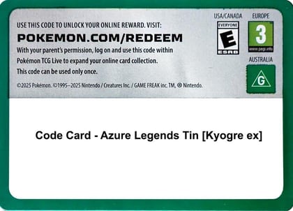 Code Card - Azure Legends Tin [Kyogre ex], Miscellaneous Cards & Products P630092