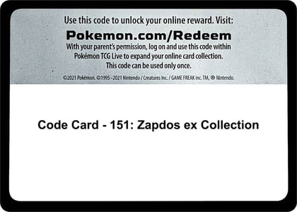 Code Card - 151: Zapdos ex Collection, SV: Scarlet & Violet 151 P531961