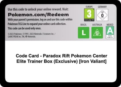 Code Card - Paradox Rift Pokemon Center Elite Trainer Box (Exclusive) [Iron Valiant], SV04: Paradox Rift P525637