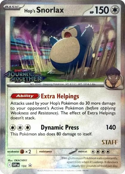 Hop's Snorlax - 184 (Prerelease) [Staff], SV: Scarlet & Violet Promo Cards 184