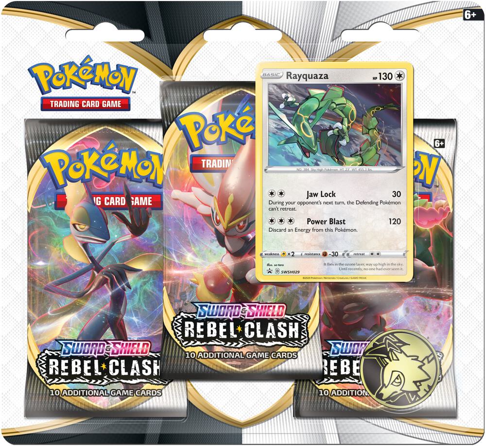 Rebel Clash 3 Pack Blister [Rayquaza], SWSH02: Rebel Clash P210568
