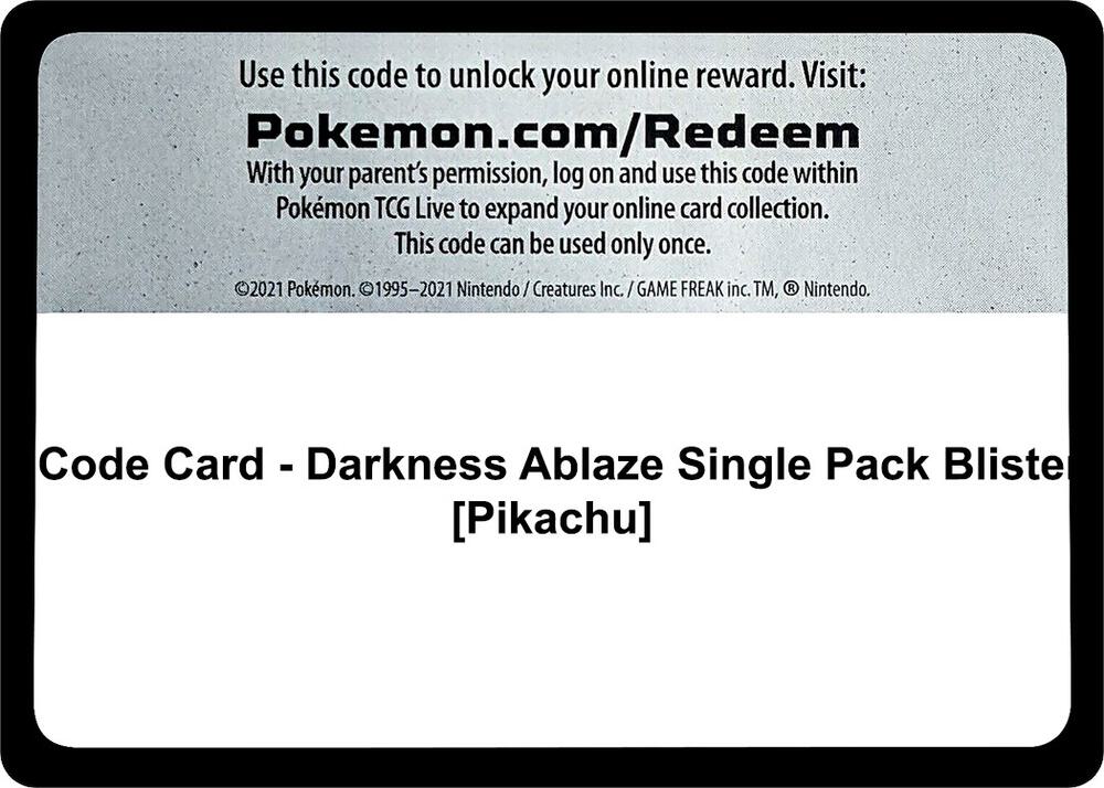 Code Card - Darkness Ablaze Single Pack Blister [Pikachu], SWSH03: Darkness Ablaze P251523